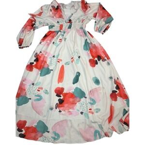Abstract Floral Maxi Dress XL Women Long Sleeve Ruched Waist Modern Boho